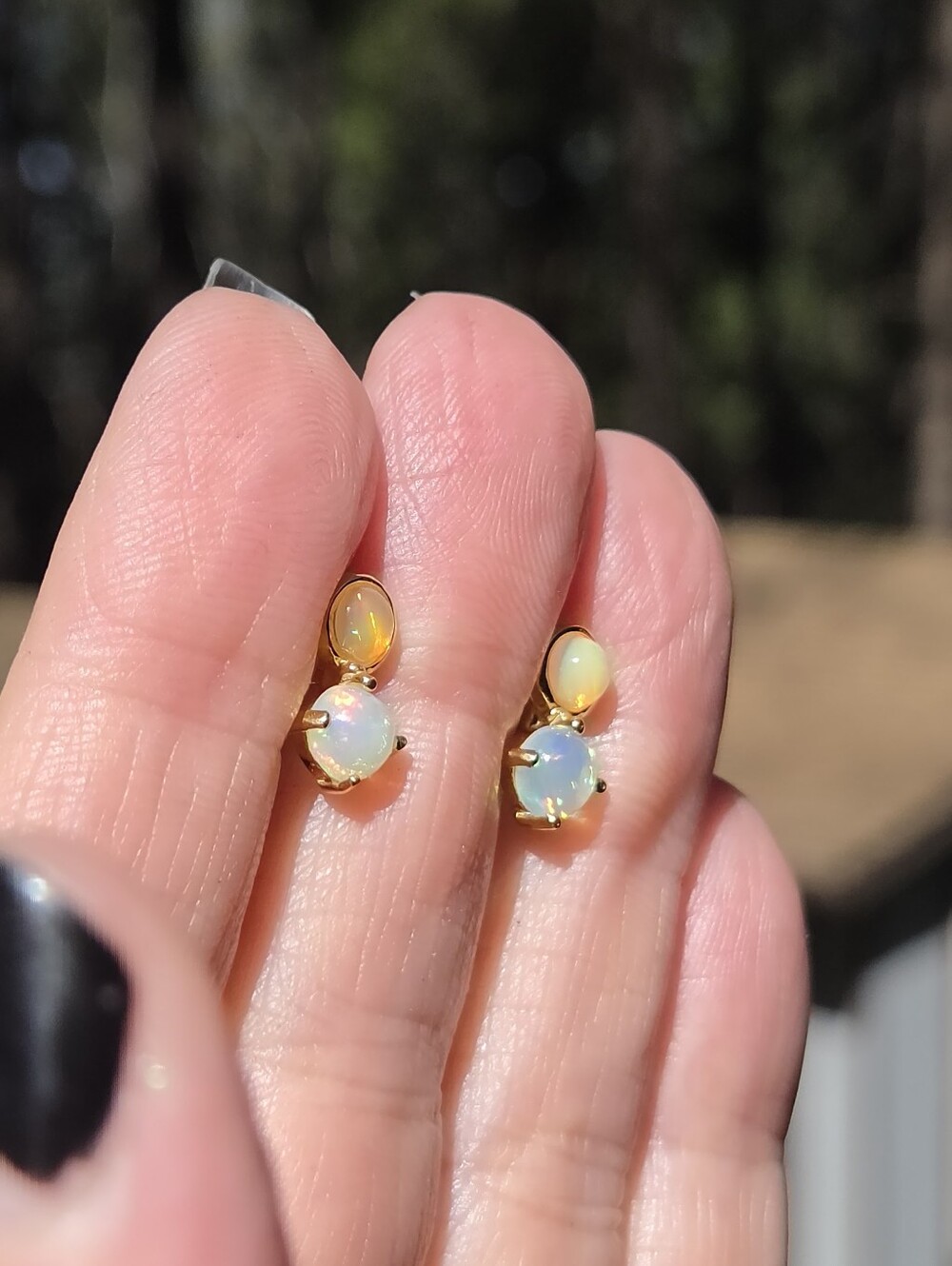 Opal 1k Each Drop Stud Sterling & Gold Earrings - Picture 8 of 10